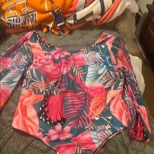 SHEIN Tropical Floral Long Sleeve One-Piece Swimsuit - Pink & Teal